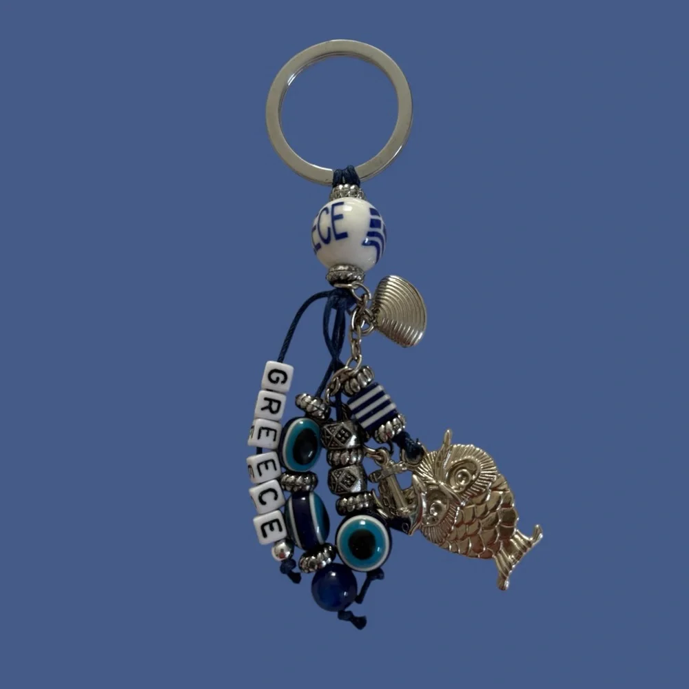 Greece Themed Keychain with Owl and Anchor Charms